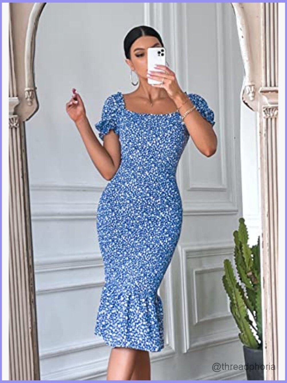Floral Bodycon Midi Dress Puff Sleeve Mermaid Cocktail Party Dress - Picture 4 of 7